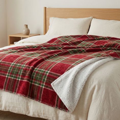 Plaid Coperta Scozzese Matrimoniale 210x230 - Doppio Lato Sherpa Agnello - Rosso Verde Morbido