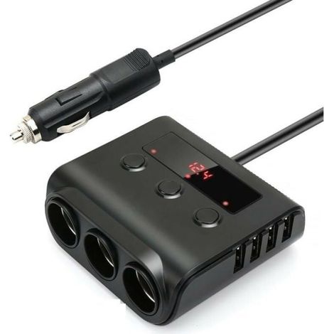 Chargeur voiture multiprise - 3 prises allume-cigare - 4 ports USB - Voltmètre intégré - Interrupteur - Quick Charge 3.0 (1/4)