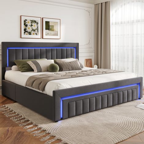 Lit coffre 160x200 cm - Éclairage LED - Tête de lit rembourrée - 2 Tiroirs - 2 places - Gris (1/5)