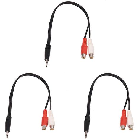 Trois câbles pour casque stéréo 3,5 mm vers deux câbles audio RCA, connecteurs mâle 3,5 mm vers deux connecteurs femelles RCA. (1/4)