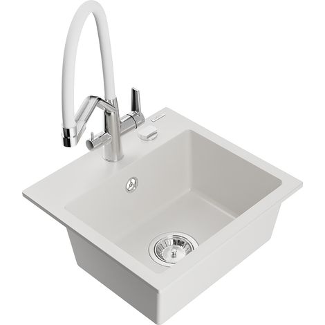 Mexen Milo lavello in granito a 1 vasca con rubinetto da cucina Duo, bianco - 6505-20-671701-02 (1/5)