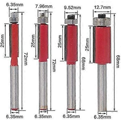Lot de 4 fraises à copier 1/4" pour le bricolage et la menuiserie, avec roulement supérieur et queue à affleurer. (1/5)