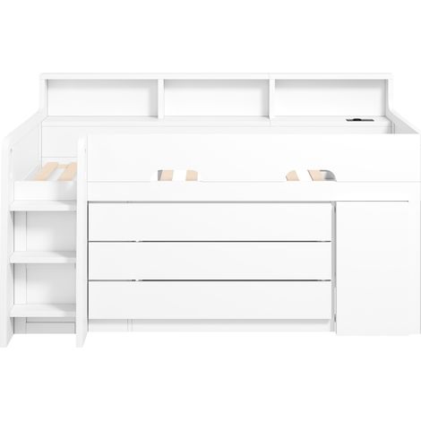 Niedriges Hochbett 90 x 200 cm Weiß mit 3 Schubladen, mobilem Schreibtisch und Stauraum (1/5)