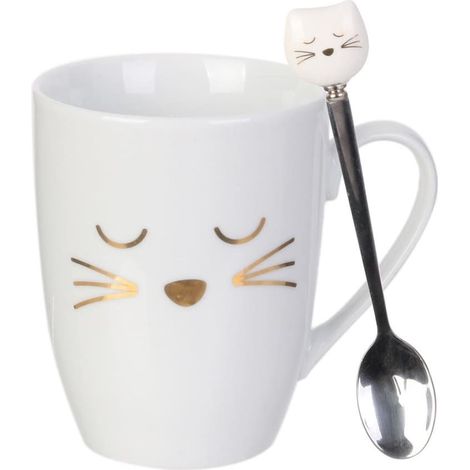 Mug chat 35cl en céramique blanc avec cuillère en inox (1/5)