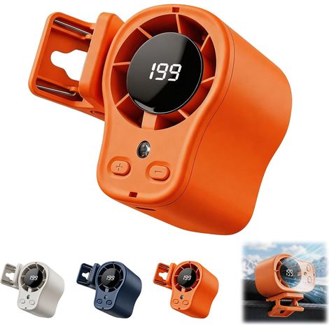 Car Clip-On Fan with LED Display, 360° Rotating USB Rechargeable Cooling Fan, Hands-Free Mini Fan for Car & Camping(Orange)
