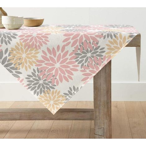 Tischdecke 100x100 cm Blumenmuster Rosa/Grau/Gelb, Polyester, pflegeleicht