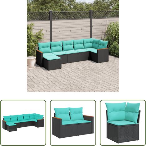 Gartenmöbel - 7-teiliges Gartensofa-Set mit Kissen, schwarzes Polyrattan (1/5)