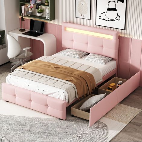 Lit simple classique rembourré 90x200 cm rose avec tête de lit réglable, LED, 2 tiroirs et sommier à lattes (1/5)