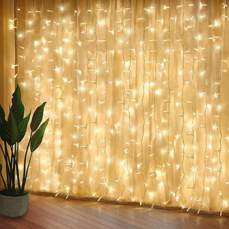 Guirlande Lumineuse Rideau - 300 LED Blanc Chaud - 3 m x 3 m - 8 Modes d'Éclairage - Étanche IP44 - Pour Décoration Intérieure et Extérieure - 1 Pièce (1/5)