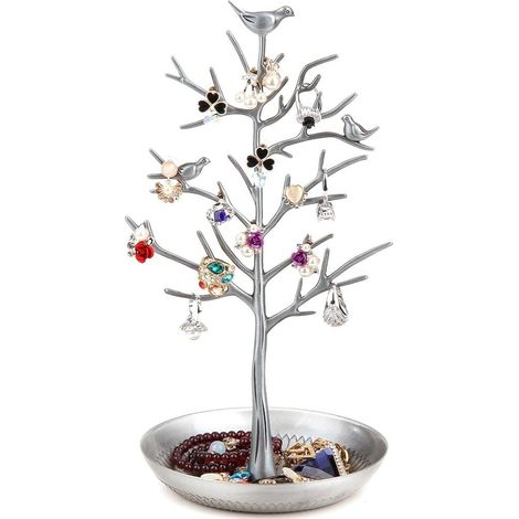 Arbre à bijoux, présentoir à colliers en métal avec plateau à bijoux,support amovible,convient pour une utilisation sur une coiffeuse de salle de bain (1/5)