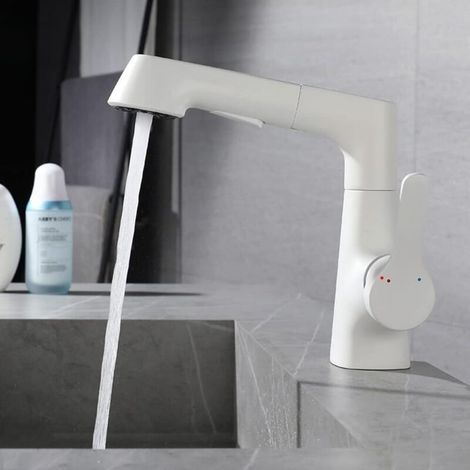 (Blanc) Robinet de lavabo relevable Robinet de salle de bain à tirette Robinet de salle de bain à trou unique avec 2 modes (1/5)