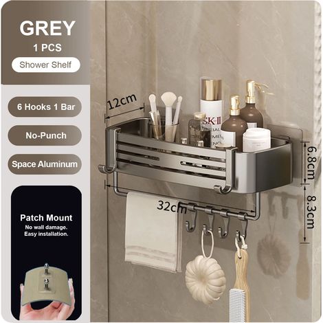 (gris-S-1) Étagère murale rectangulaire pour salle de bain, porte-serviettes, porte-shampoing mural pour douche, sans perçage (1/5)