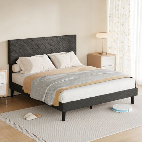 Lit 140x200cm,Tête de Lit Capitonné,Structure Robuste,Cadre de Lit Adulte Double avec Sommier,Scandinave Moderne,Lit 2 Place,Tissu Lin,Gris (1/5)