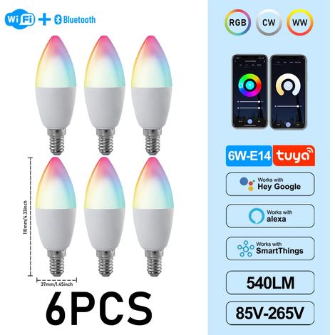 (6 ampoules, AC85-265V) Ampoules LED Graffiti 6W C37 E14, contrôle par application, adaptées aux lustres en cristal (1/5)