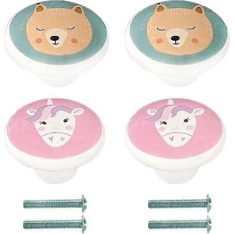 Ensemble de 4 boutons de tiroir en céramique pour enfants - Motifs ours et licorne (1/4)