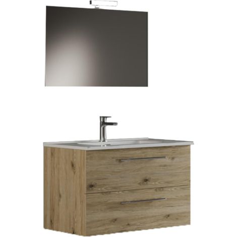 Mama Store IRIS 100 - Mobile Bagno Sospeso IN KIT DA MONTARE 100 CM QUERCIA NATURALE con Lavabo, Specchio e Lampada LED, L.101 X P.47 X H.53 cm