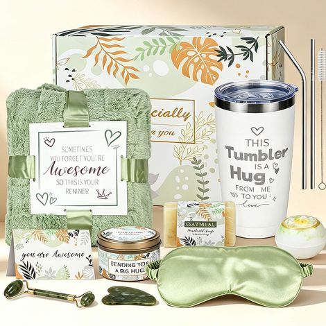 Coffret cadeau bien-être pour femme - Coffret cadeau de détente avec couverture douillette 1 x 1,5 m et tasse isotherme en acier inoxydable de 590 ml - Panier cadeau pour anniversaire, Saint-Valentin (1/5)