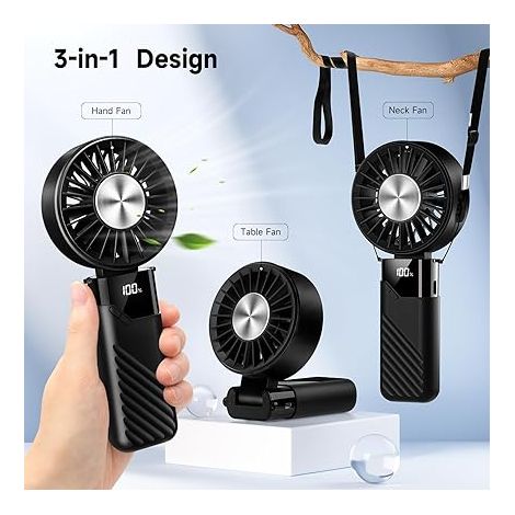 Mini Ventilateur Portable, USB Rechargeable Ventilateur a Main Silencieux Avec 5 vitesses, Petit Ventilateur de Poche Pliable, Ventilo Portatif Hand Fan de Bureau et D'extérieur (Noir) (1/5)