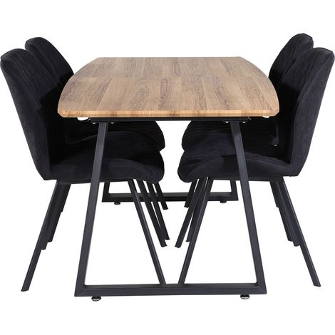 IncaNABL Essgruppe Esstisch Ausziehbarer Tisch Länge cm 160 / 200 El Holz dekor und 4 Gemma Esszimmerstühle schwarz.