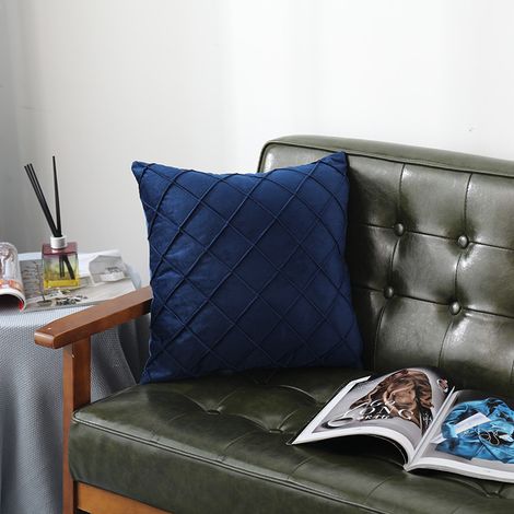 Lot de 2 housses de coussin en velours avec quadrillage saillant, 42x42 cm, bleu marine, décoratives pour salon, canapé.