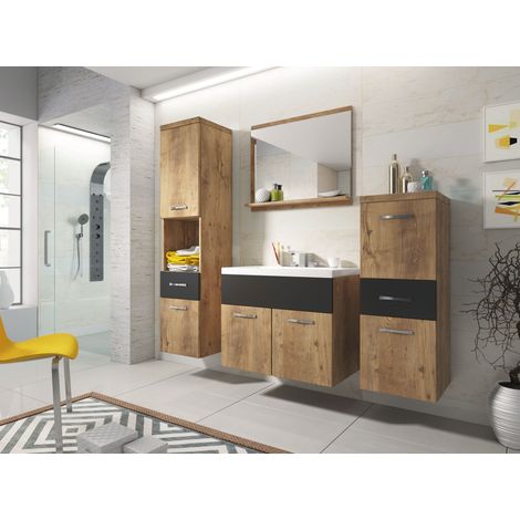 Bratex – Ensemble de meubles de salle de bain – Meuble vasque avec évier 47,5 x 60 x 34,6 cm – Armoire haute 133 x 30 x 30 cm – Couleur marron/noir