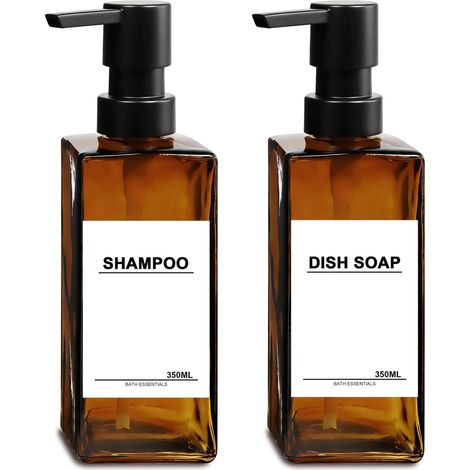 Lot de 2 distributeurs de Savon en Verre Marron - 350 ML - Bouteilles de shampoing à remplir - Distributeur de Liquide Vaisselle Moderne - Distributeur de Gel Douche - Tête de Pompe en Plastique'Brun 