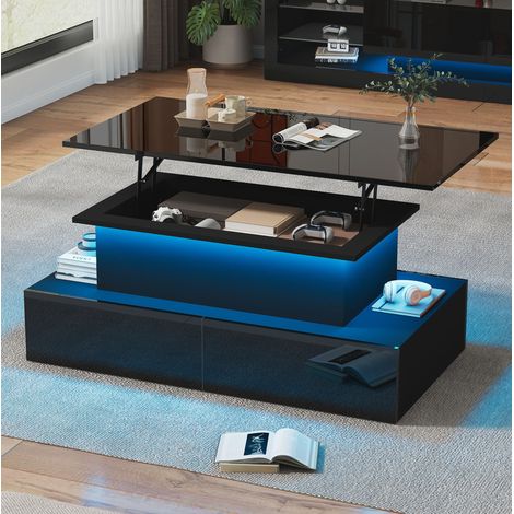 Mesa de centro LED negra brillante 90 x 55 x 54 cm con 4 cajones y almacenaje, 30 kg DESVIAE (1/5)