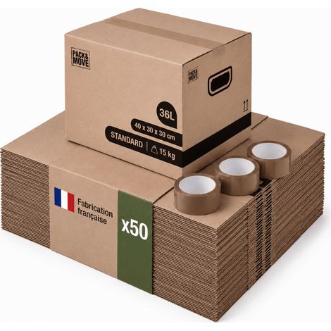 Pack and Move - Lot 50 cartons déménagement stockage livres - 40 x 30 x 30 cm - Poignées renforcées - 3 adhésifs offerts