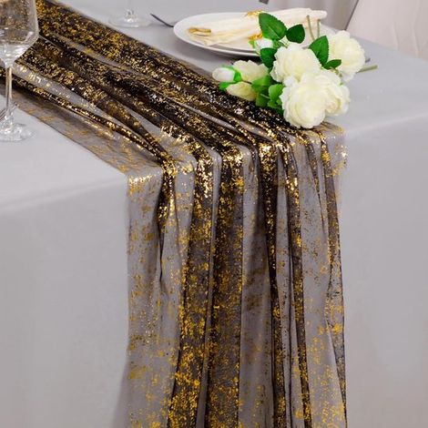 Drapeau de table en coton noir et or, drapeau de table en mousseline transparente pailletée de 120 pouces, décoration de table pailletée pouvant servi (1/5)