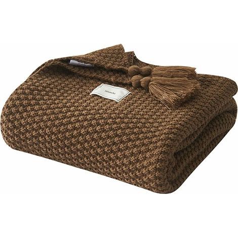Couverture en Tricot Plaids Canapé Couvre-lit Tapis de Table Jetés de Lit Nordique Chaud Doux avec Frange Faite à la Main pour Plage Pique-Nique Toutes Saisons (Marron,130 x 170cm) (1/4)