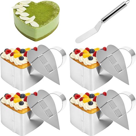 4 Pcs Cercle a Patisserie avec Couvercles, Cercle à Pâtisserie en Acier Inoxydable, Moule Tartelette pour Desserts, Mousses, gâteaux et pâtisseries, Accessoires inclus (Forme cœur, 7,8 x 7,2 x 4 cm) (1/5)