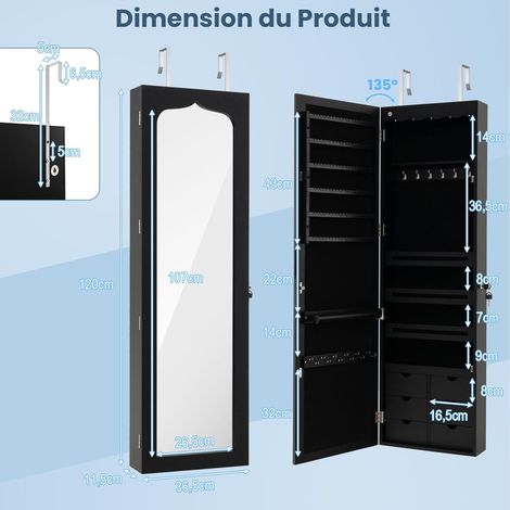 Armoire à Bijoux Murale avec Miroir, Inclus 5 Lumières LED, Emplacement pour Boucles d'Oreiller,Bracelets,Bag etc.36,5 x 11,5 x 120 cm (Noir) (1/4)