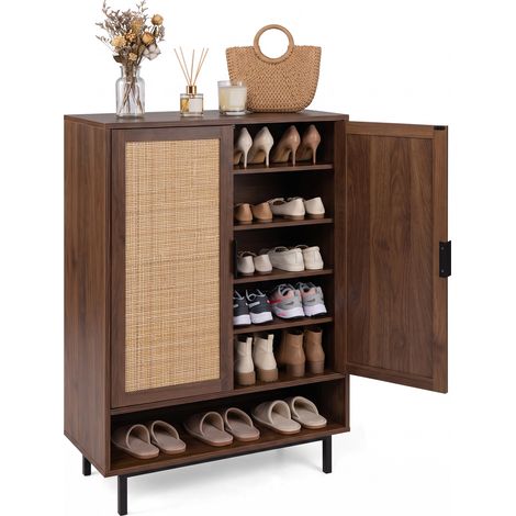 Armoire à Chaussures en Rotin Tressé, 6 Niveaux, 75x35x108cm, Étagères Modulables, Compartiment Ouvert, Anti-Basculement, Loquets Magnétiques, Marron (1/5)