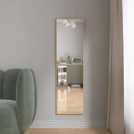 Miroir pleine longueur 140 x 40 cm, grand miroir de sol, miroir sur pied, chambre murale, dressing et miroir mural à cadre fin - or