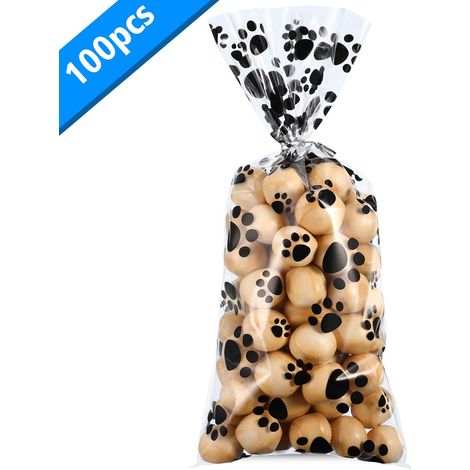 100 sachets coniques en cellophane à motif de pattes, thermoscellables, pour bonbons, cadeaux pour chiens et chats, avec attaches pour friandises pour animaux de compagnie (noir) (1/5)