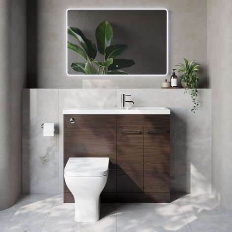 Napoli 250 Brown Oak 1000mm 2 Door Vanity Unit Toilet Suite with Square Silvo Basin - 1000mm - Chrome 160mm HandleWith Kingston Toilet Pan and Seat