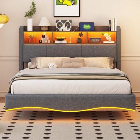 Lit rembourré 140x200 cm gris en lin, effet flottant avec LED multicolore, USB et USB-C, tête de lit avec rangement, sommier 12 lattes inclus (1/5)
