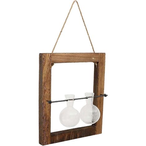 Vase bulbe transparent avec tige en bois et métal, pot de fleurs en verre pour plantes hydroponiques, vase décoratif à poser ou à suspendre.-2 Tubes