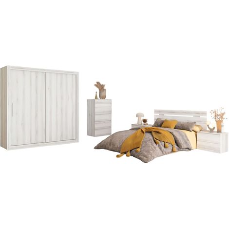 Pack de Muebles de Dormitorio en Color Blanco Albo formado por Cabecero, 2 Mesitas de Noche, Cama y Cómoda (1/5)
