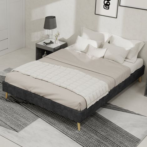 Cadre lit 140 x 200 cm velours néerlandais gris sommier bas sans tête ni matelas (1/5)