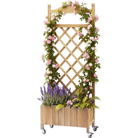 Jardinière à Treillis sur Roulettes, Bac Bois avec Trous Drainage, 49x28x116cm, Résistant Intempéries - Beige (1/5)