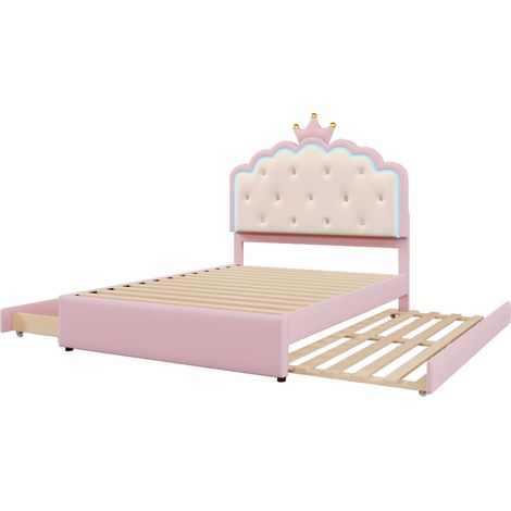 Lit enfant rembourré 140 x 200 cm PU rose avec sommier, LED, lit gigogne et 2 tiroirs (1/5)