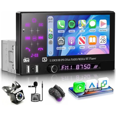 Autoradio 1 Din avec CarPlay Android Auto Sans Fil, Ecran Tactile IPS 5,5 Pouces Poste Radio Voiture avec Bluetooth, Radio FM, EQ, Lien Miroir, SWC, 2 USB, Rétroéclairage Coloré+ Caméra et MIC (1/5)