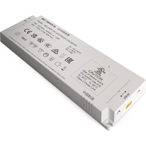 Convertisseur LED 100-240 V CA / 24 V CC, longueur 210 mm, 90 W, blanc lisse