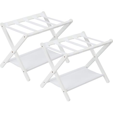 Porte-bagages pliant en bambou avec étagère de rangement 2 niveaux, sangles en nylon, support valise jusqu’à 50 kg, pour chambre d’amis/hôtel – Blanc (1/5)