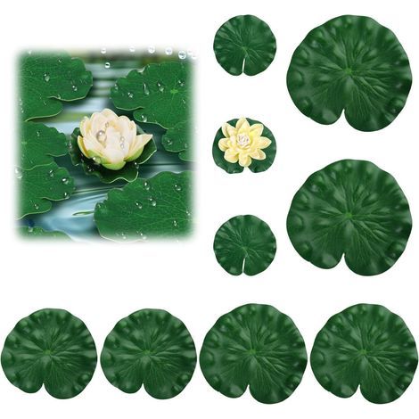 Künstliche Seerosen für den Gartenteich, 8 Lotusblätter + 1 EVA-Schaumstoffblume, dekorative Schwimmpflanzen für Mini-Aquarien, Springbrunnen, Gartenteich, wiederverwendbar, wasserdicht, realistisch (1/5)