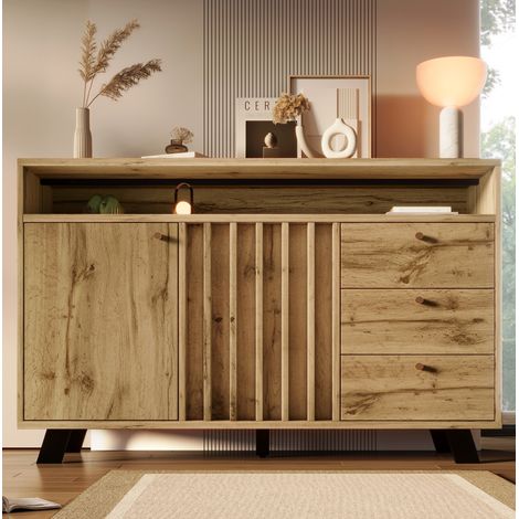 Aparador MEUBLIV 120 x 40 x 85 cm roble oscuro – 3 cajones, 2 puertas y nicho abierto (1/5)