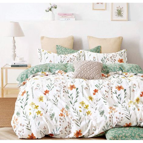 Parure de lit 3 pièces en Coton 600 Fils pour très Grand lit, Motif Fleurs Jaunes et Branches Vertes imprimées sur Housse de Couette réversible Blanche (1/5)