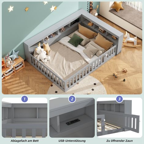 Canapé convertible 140x200 cm, lit de repos avec table de nuit à tiroirs, sommier à lattes, barrière de protection, panneaux bois, sans matelas, prise USB, gris. (1/5)