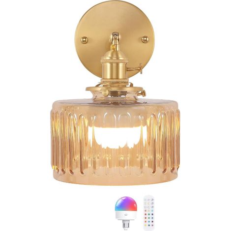 Applique Murale Vintage en Verre Vert Strié, Finition Dorée Rétro, Lampe Murale LED Décorative pour Salle de Bain, au-dessus du Miroir, Couloir, Chambre (1/5)